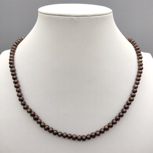 10k Gold Chocolate Brown Pearl Necklace 4 mm 18" Marked JCM Jacmel Mauritius - Picture 1 of 9